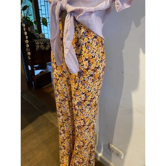 🌱 SPORTSGIRL floral retro 60's yellow flared pants hippy size XL stretch (14) - Picture 3 of 13